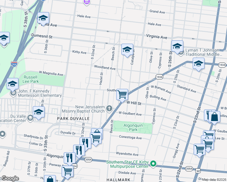 map of restaurants, bars, coffee shops, grocery stores, and more near 2930 Southern Avenue in Louisville