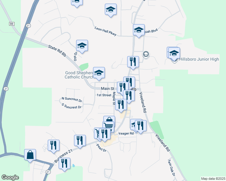 map of restaurants, bars, coffee shops, grocery stores, and more near 349 Main Street in Hillsboro