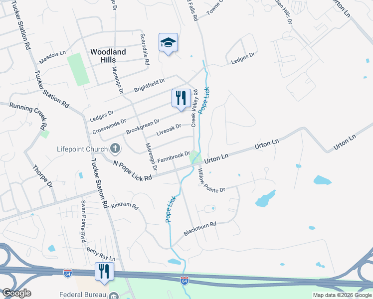 map of restaurants, bars, coffee shops, grocery stores, and more near 12523 Farmbrook Drive in Louisville