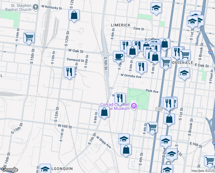map of restaurants, bars, coffee shops, grocery stores, and more near South 9th Street in Louisville
