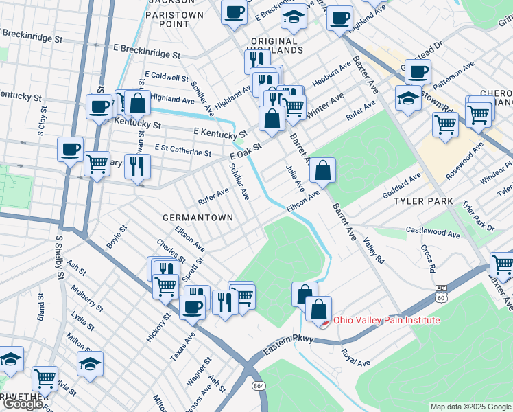 map of restaurants, bars, coffee shops, grocery stores, and more near 1239 Schiller Avenue in Louisville