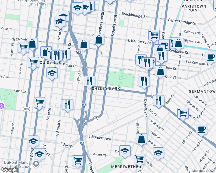 map of restaurants, bars, coffee shops, grocery stores, and more near 505 Camp Street in Louisville