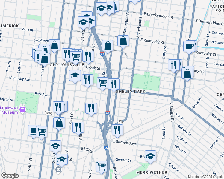 map of restaurants, bars, coffee shops, grocery stores, and more near 328 Camp Street in Louisville