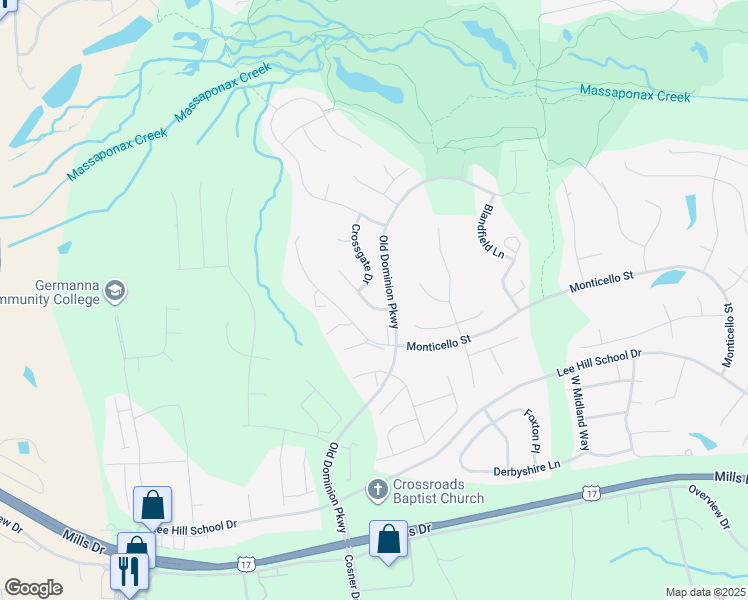 map of restaurants, bars, coffee shops, grocery stores, and more near 10105 Fullerton Court in Fredericksburg