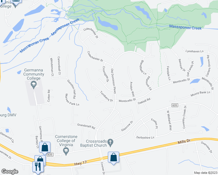 map of restaurants, bars, coffee shops, grocery stores, and more near 10105 Fullerton Court in Fredericksburg