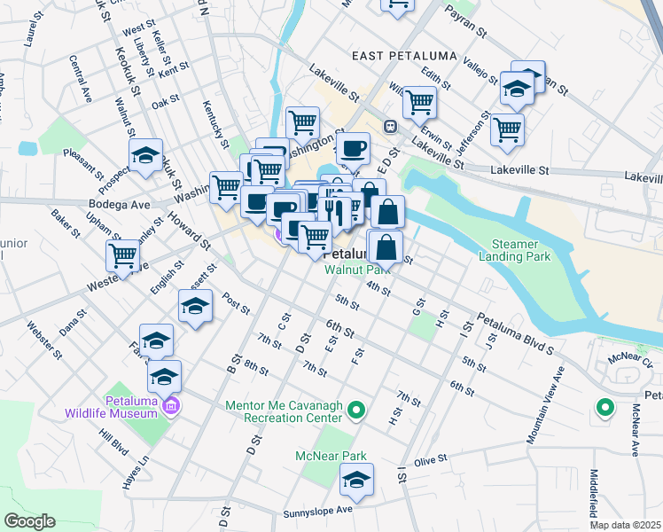 map of restaurants, bars, coffee shops, grocery stores, and more near 120 4th Street in Petaluma