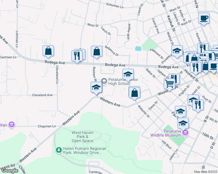 map of restaurants, bars, coffee shops, grocery stores, and more near 700 Bantam Way in Petaluma