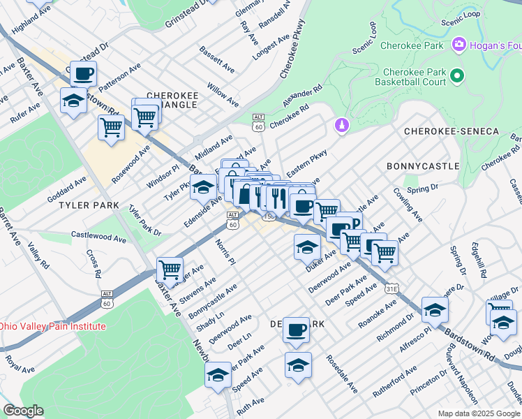 map of restaurants, bars, coffee shops, grocery stores, and more near 1507 Bardstown Road in Louisville
