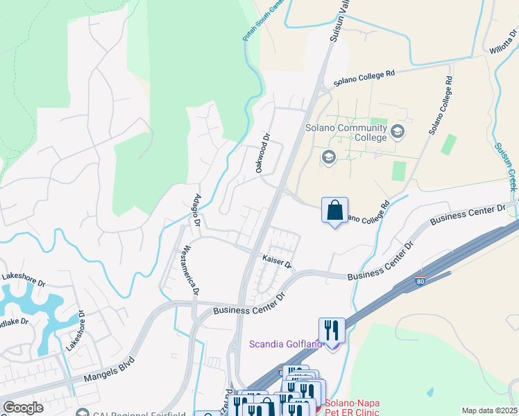 map of restaurants, bars, coffee shops, grocery stores, and more near 4550 Stellata Lane in Fairfield
