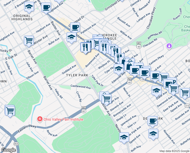 map of restaurants, bars, coffee shops, grocery stores, and more near 1361 Tyler Park Drive in Louisville