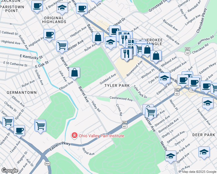 map of restaurants, bars, coffee shops, grocery stores, and more near 1429 Rosewood Avenue in Louisville