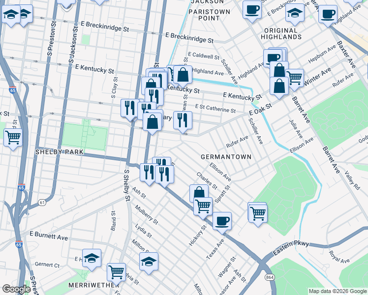 map of restaurants, bars, coffee shops, grocery stores, and more near 902 Ellison Avenue in Louisville