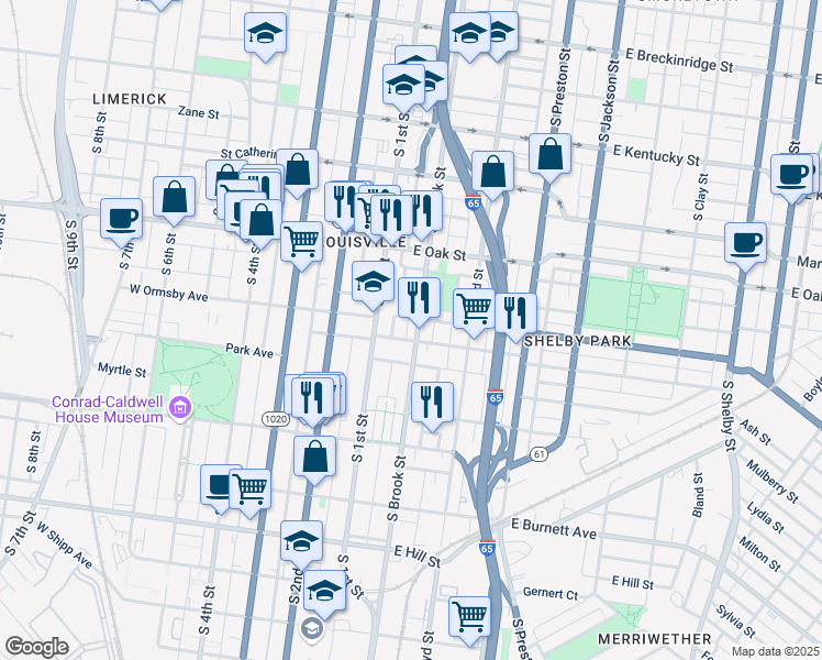 map of restaurants, bars, coffee shops, grocery stores, and more near 115 East Ormsby Avenue in Louisville