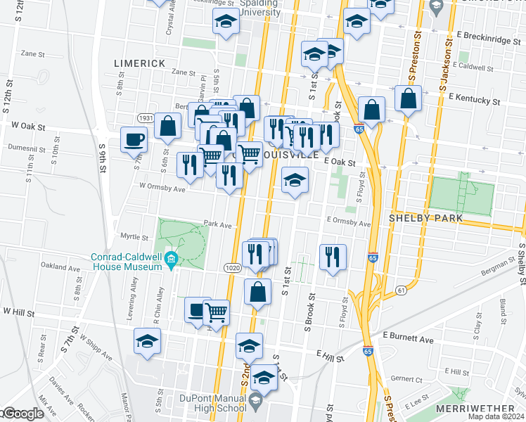 map of restaurants, bars, coffee shops, grocery stores, and more near 1312 South 2nd Street in Louisville