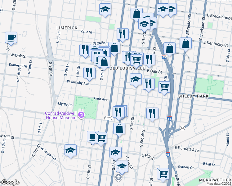map of restaurants, bars, coffee shops, grocery stores, and more near 1312 South 2nd Street in Louisville