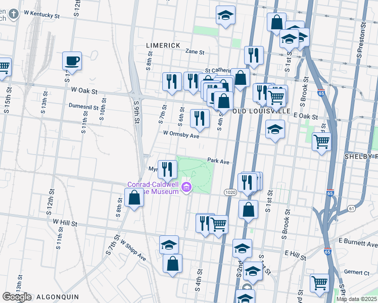 map of restaurants, bars, coffee shops, grocery stores, and more near 433 Park Avenue in Louisville