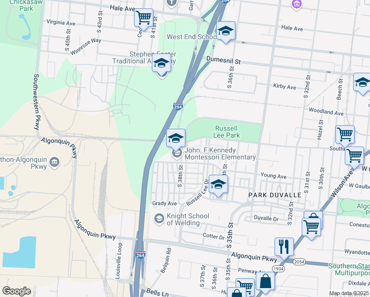 map of restaurants, bars, coffee shops, grocery stores, and more near 1507 South 38th Street in Louisville