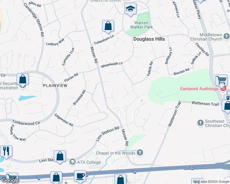 map of restaurants, bars, coffee shops, grocery stores, and more near 803 Kinross Place in Louisville