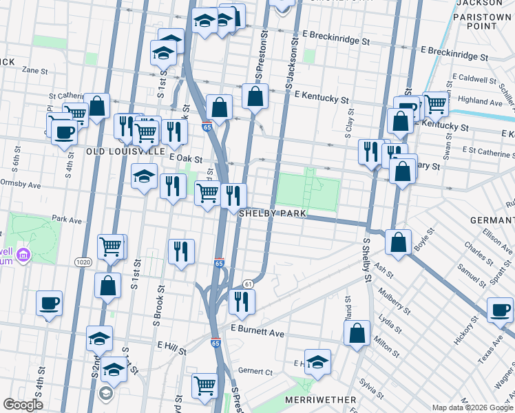 map of restaurants, bars, coffee shops, grocery stores, and more near 415 Camp Street in Louisville