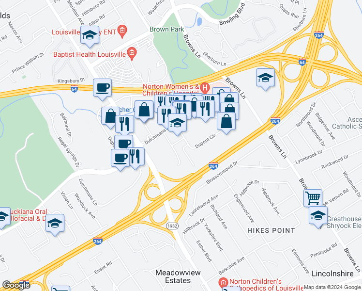 map of restaurants, bars, coffee shops, grocery stores, and more near 1114 Dupont Circle in Saint Matthews