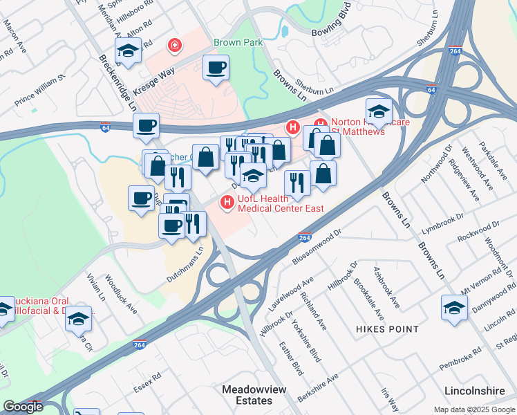map of restaurants, bars, coffee shops, grocery stores, and more near 1114 Dupont Circle in Saint Matthews