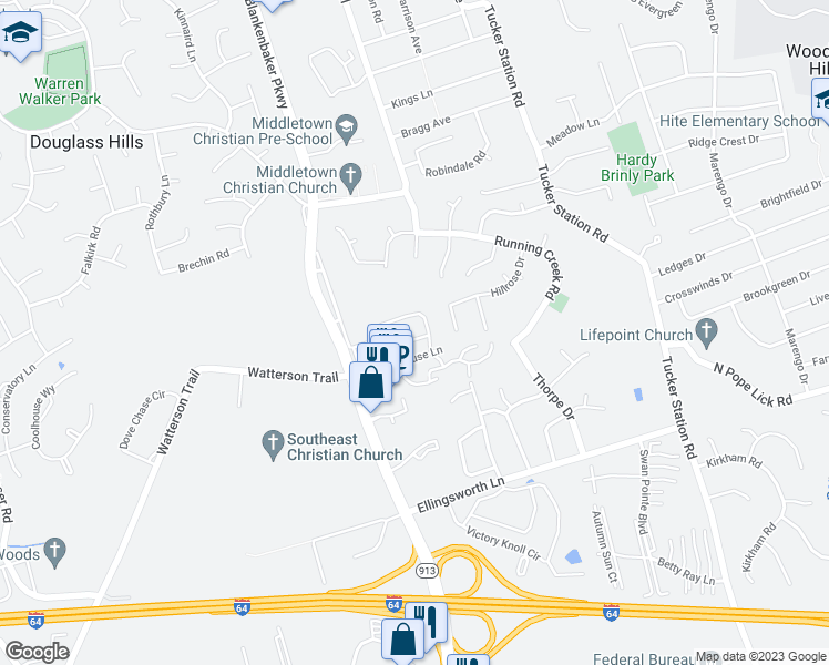 map of restaurants, bars, coffee shops, grocery stores, and more near 11807 Duane Point Circle in Louisville
