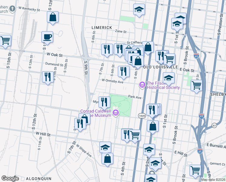 map of restaurants, bars, coffee shops, grocery stores, and more near 523 Park Avenue in Louisville