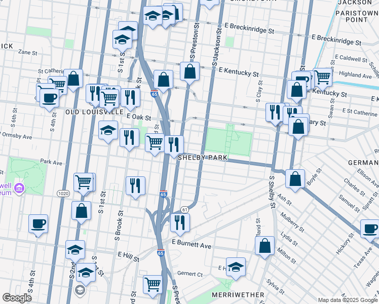 map of restaurants, bars, coffee shops, grocery stores, and more near 415 Camp Street in Louisville
