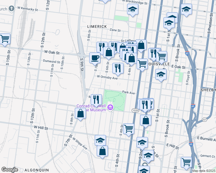map of restaurants, bars, coffee shops, grocery stores, and more near 523 Park Avenue in Louisville