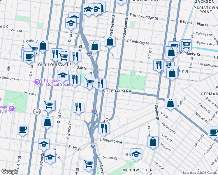 map of restaurants, bars, coffee shops, grocery stores, and more near 415 Camp Street in Louisville