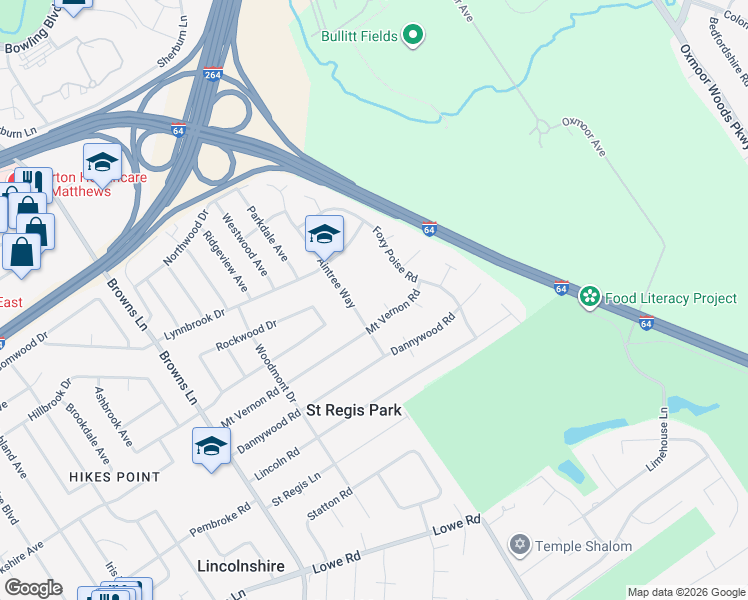map of restaurants, bars, coffee shops, grocery stores, and more near 2602 Mount Vernon Court in Louisville