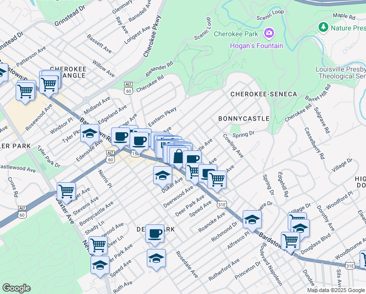 map of restaurants, bars, coffee shops, grocery stores, and more near 2046 Alta Ave in Louisville