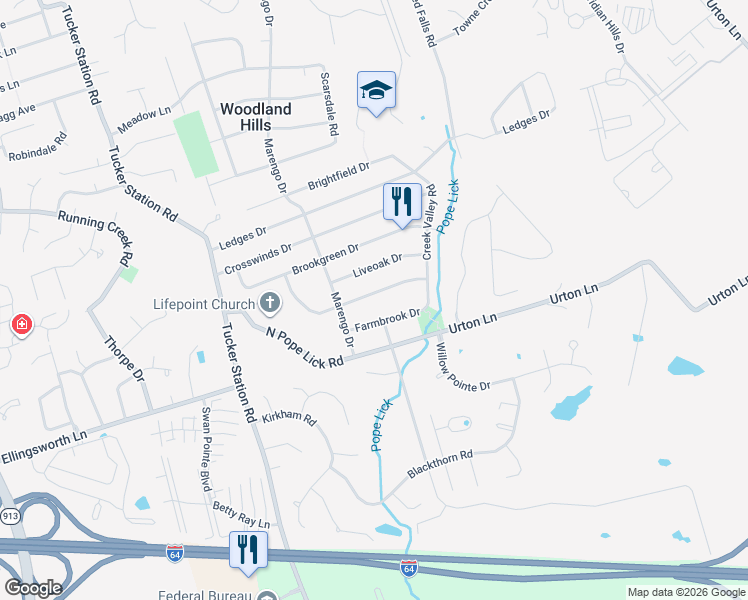 map of restaurants, bars, coffee shops, grocery stores, and more near 12510 Echo Bridge Road in Louisville