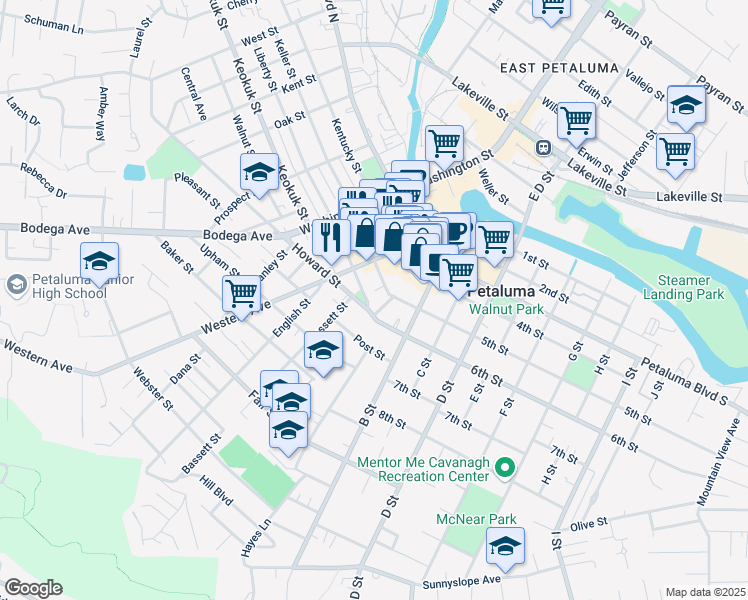 map of restaurants, bars, coffee shops, grocery stores, and more near 417 A Street in Petaluma