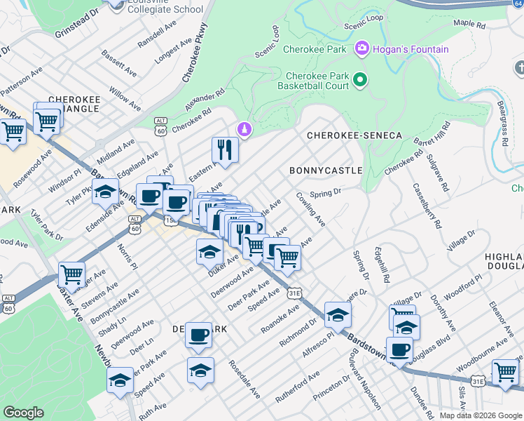 map of restaurants, bars, coffee shops, grocery stores, and more near 1589 Parsons Place in Louisville