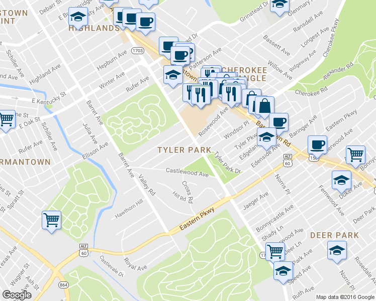 map of restaurants, bars, coffee shops, grocery stores, and more near in Louisville