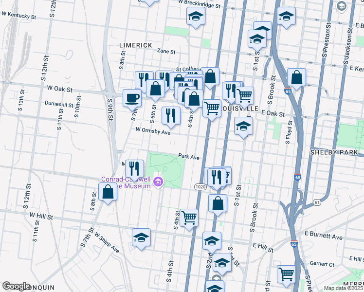 map of restaurants, bars, coffee shops, grocery stores, and more near 1320 South 4th Street in Louisville