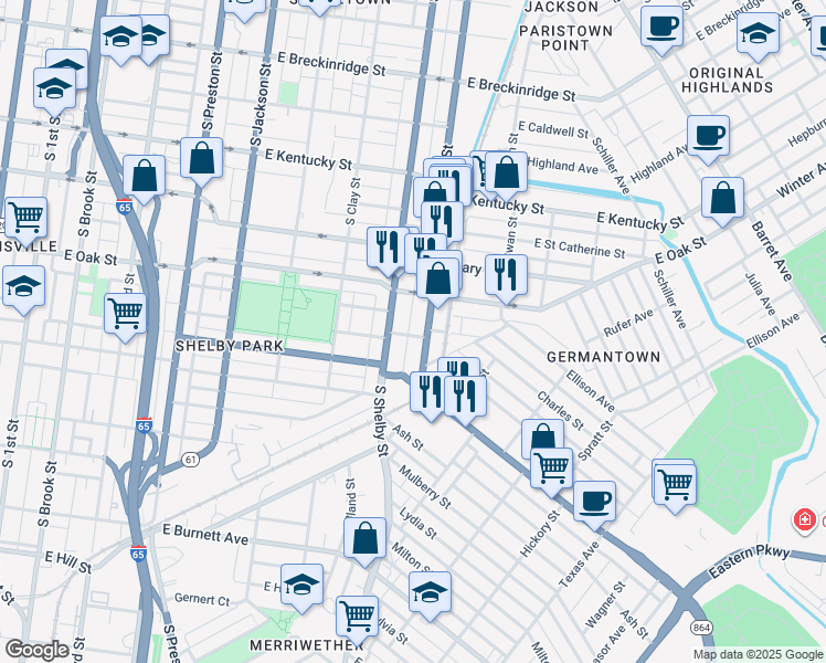 map of restaurants, bars, coffee shops, grocery stores, and more near 1241 South Shelby Street in Louisville