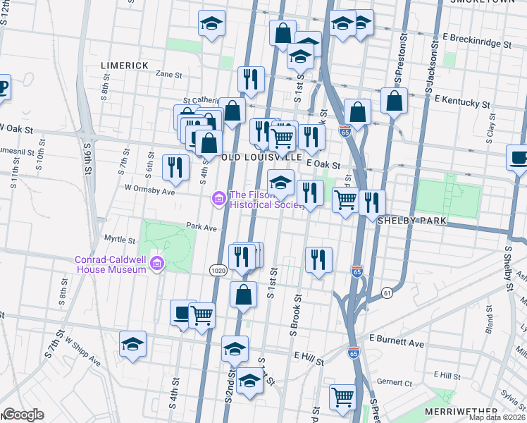 map of restaurants, bars, coffee shops, grocery stores, and more near 112 West Ormsby Avenue in Louisville