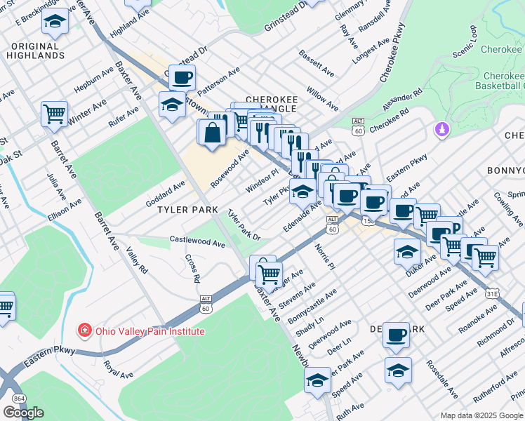 map of restaurants, bars, coffee shops, grocery stores, and more near 1708 Tyler Parkway in Louisville