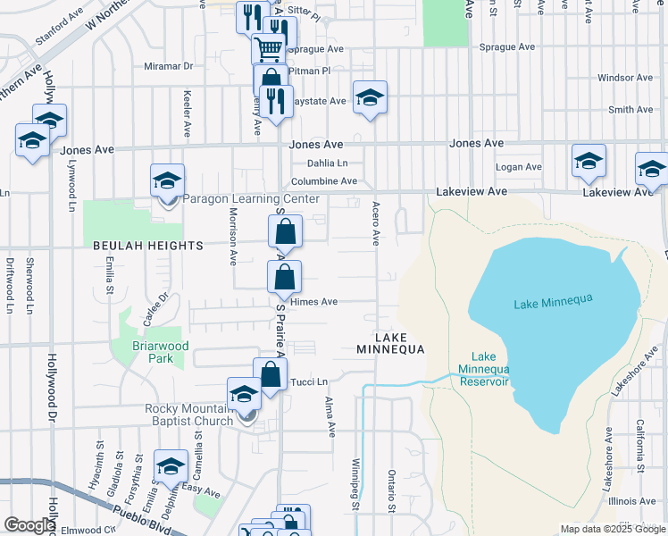 map of restaurants, bars, coffee shops, grocery stores, and more near 2519 Alia Court in Pueblo