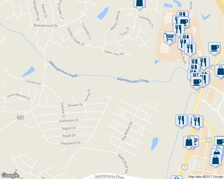 map of restaurants, bars, coffee shops, grocery stores, and more near 713 Pleasants Drive in Fredericksburg