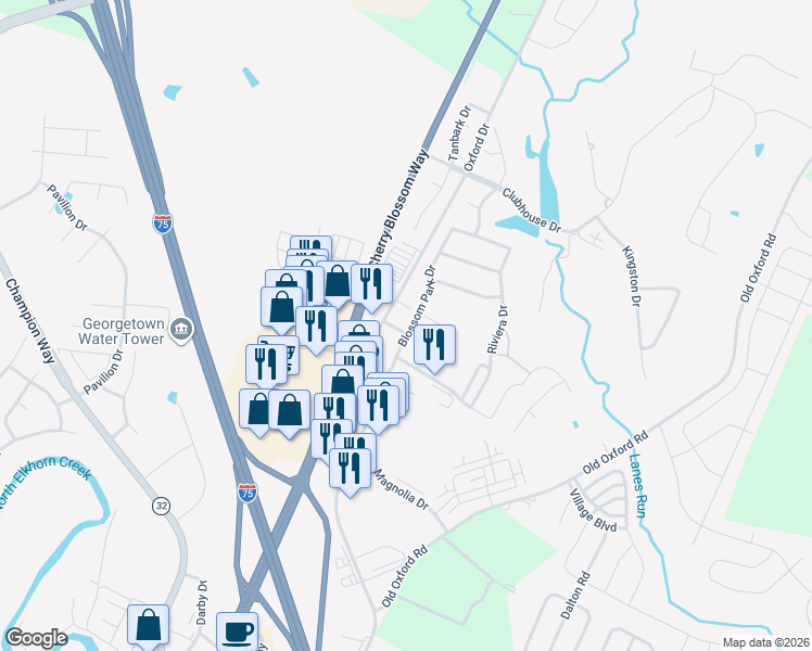 map of restaurants, bars, coffee shops, grocery stores, and more near 123-225 Blossom Park Drive in Georgetown