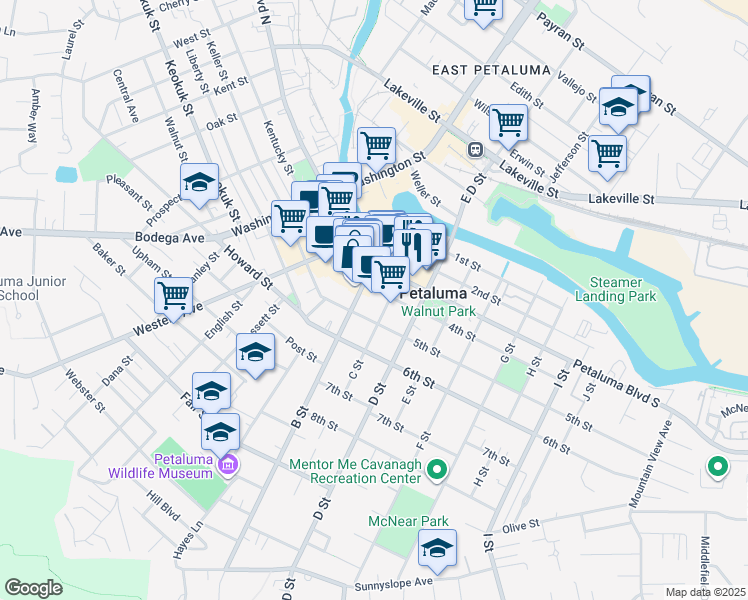 map of restaurants, bars, coffee shops, grocery stores, and more near 32 4th St in Petaluma