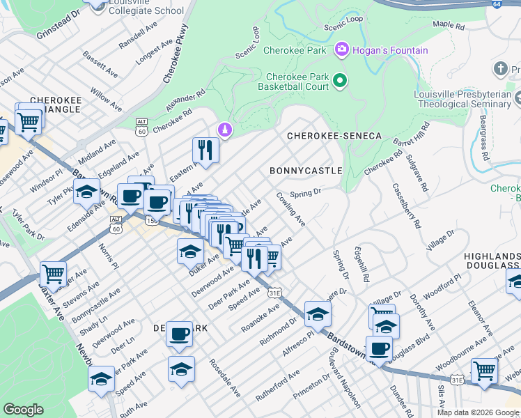 map of restaurants, bars, coffee shops, grocery stores, and more near 2125 Murray Avenue in Louisville
