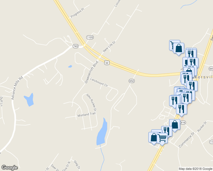 map of restaurants, bars, coffee shops, grocery stores, and more near Larchmont Circle in Ruckersville