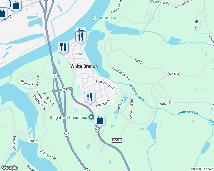 map of restaurants, bars, coffee shops, grocery stores, and more near 9th Street in Warsaw