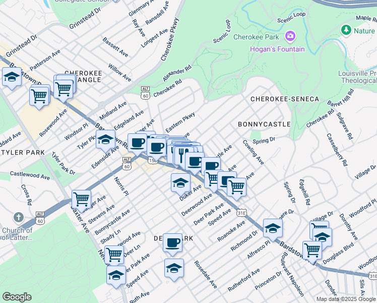 map of restaurants, bars, coffee shops, grocery stores, and more near 2023 Alta Avenue in Louisville