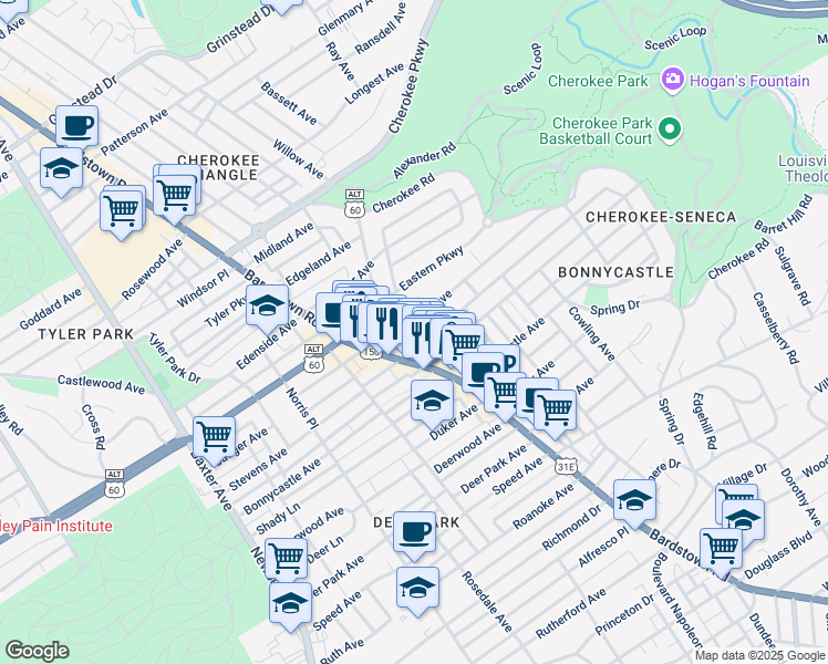 map of restaurants, bars, coffee shops, grocery stores, and more near 2016 Sherwood Avenue in Louisville