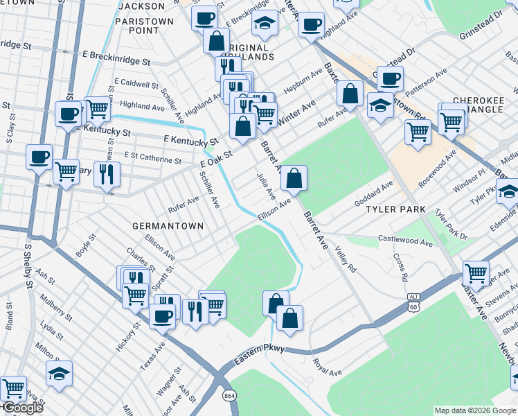 map of restaurants, bars, coffee shops, grocery stores, and more near 1323 Ellison Avenue in Louisville